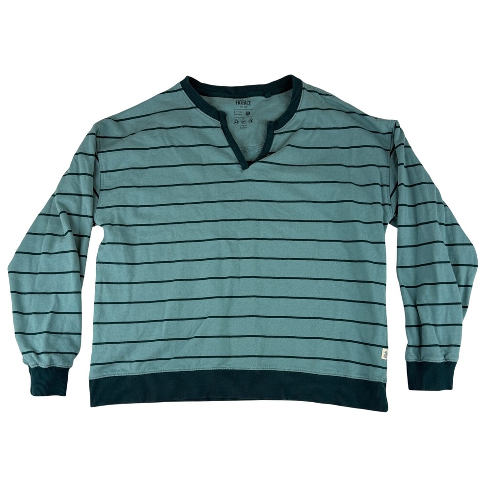 FatFace Striped Sweatshirt Womens 12 Teal Green Long Sleeve Split Neck Pullover